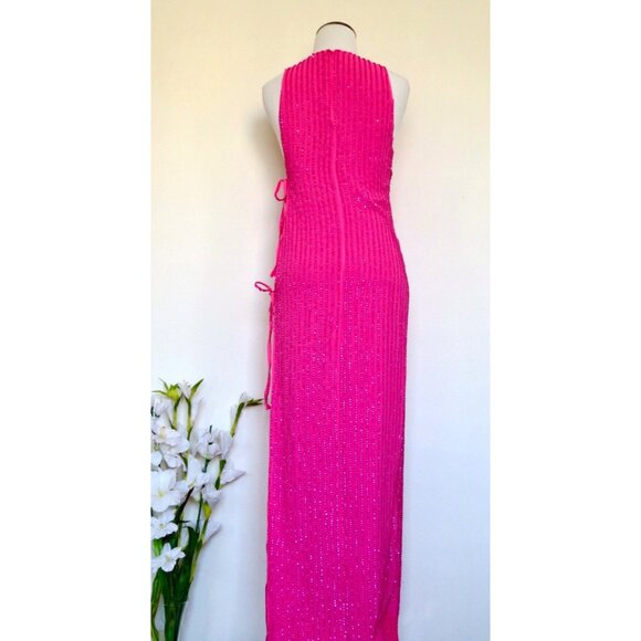 NEW! H:ours Revolve Juniper Maxi Gown Dress All over Beaded Side Cut Hot Pink XS - Picture 7 of 11